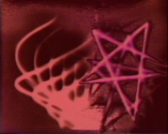 Frame from I Know Nothing, colourised lissajous figures and computer graphic. Bush Vidoe 1974.